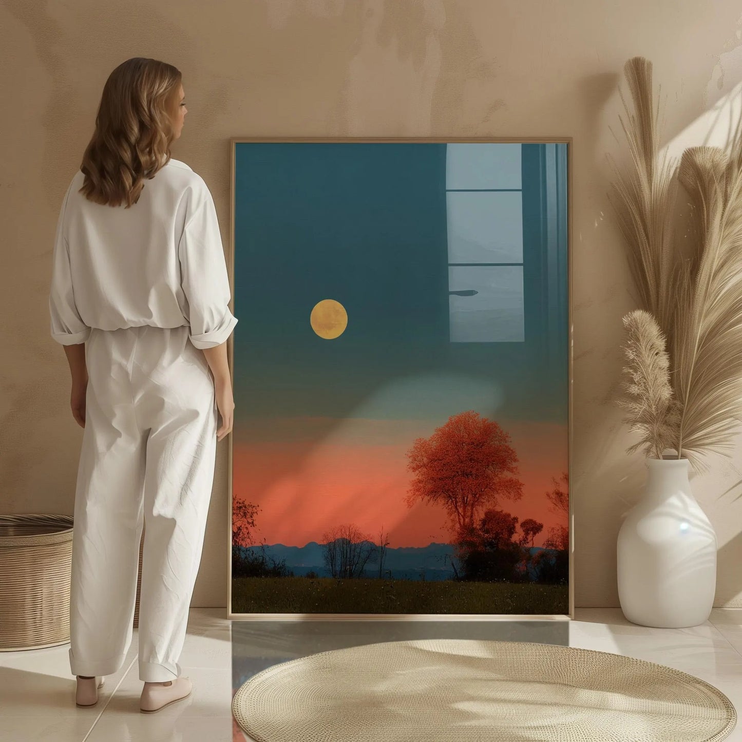 Golden and Calm Farmhouse Landscape with Solitary Tree and Moon Wall Art Canvas