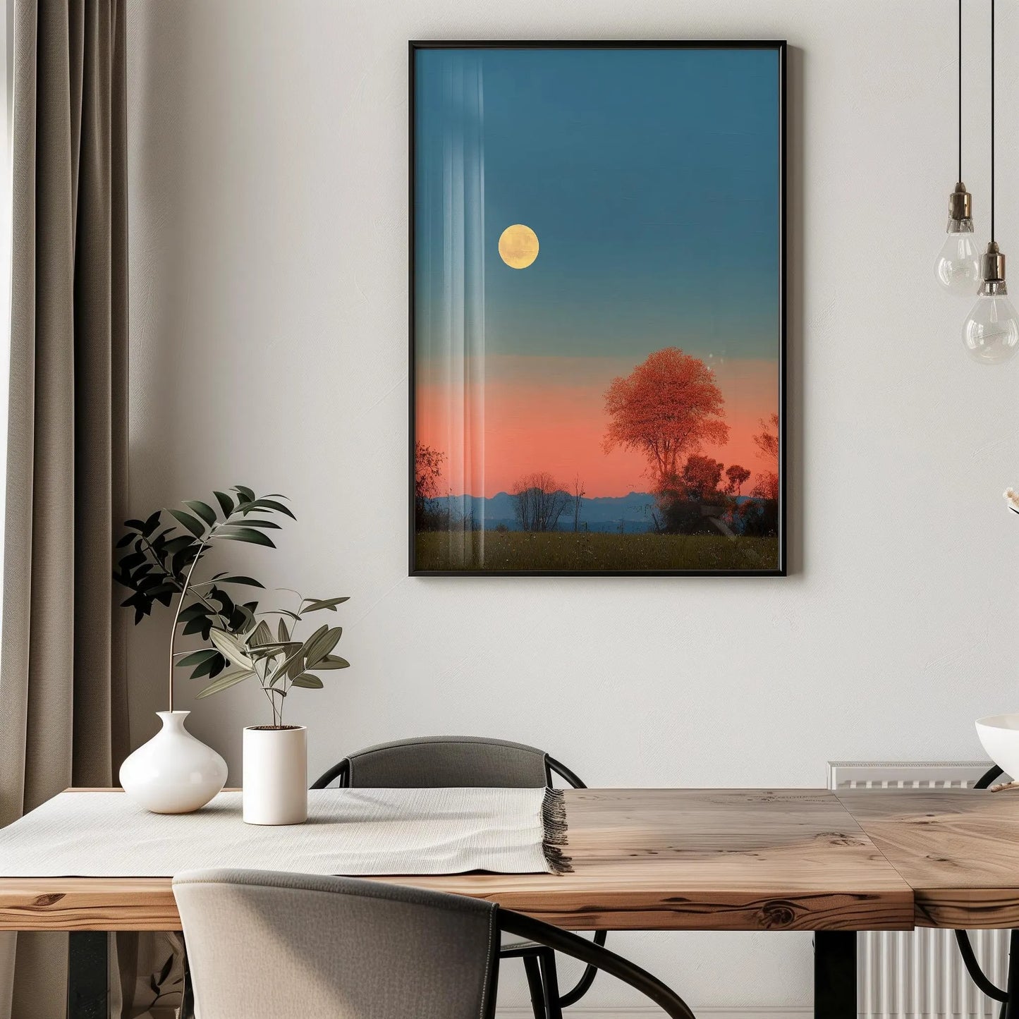 Golden and Calm Farmhouse Landscape with Solitary Tree and Moon Wall Art Canvas