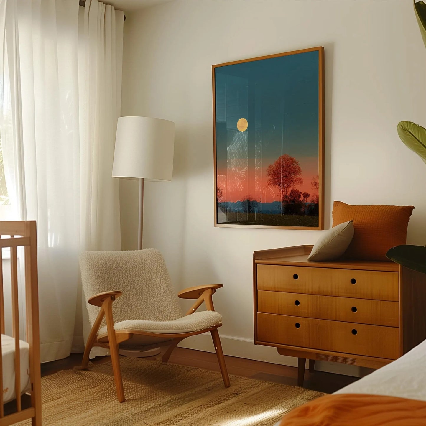 Golden and Calm Farmhouse Landscape with Solitary Tree and Moon Wall Art Canvas