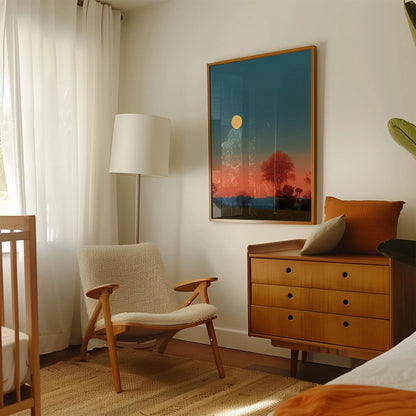 Golden and Calm Farmhouse Landscape with Solitary Tree and Moon Wall Art Canvas