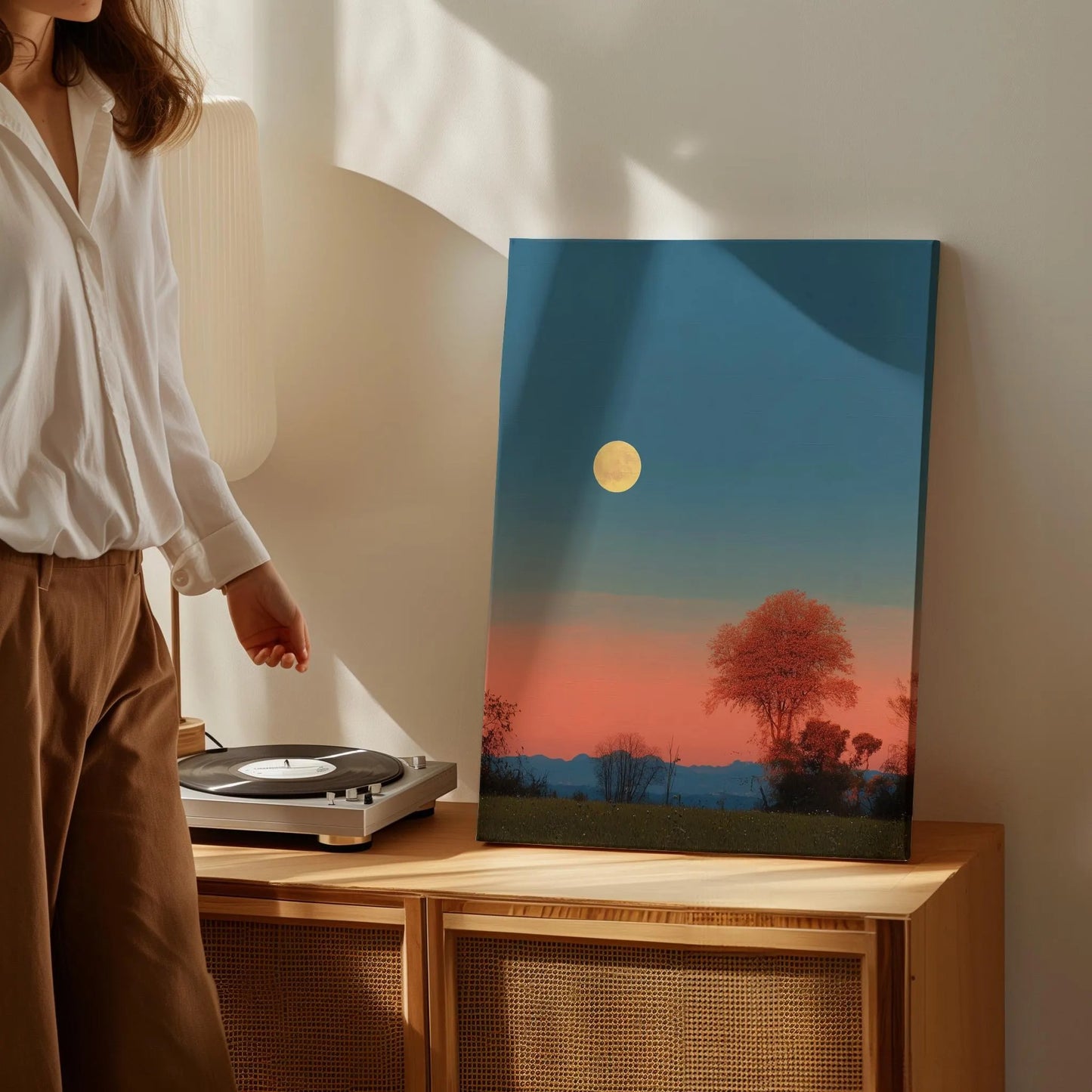 Golden and Calm Farmhouse Landscape with Solitary Tree and Moon Wall Art Canvas