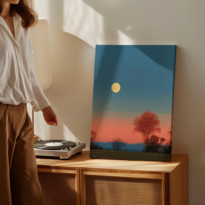 Golden and Calm Farmhouse Landscape with Solitary Tree and Moon Wall Art Canvas