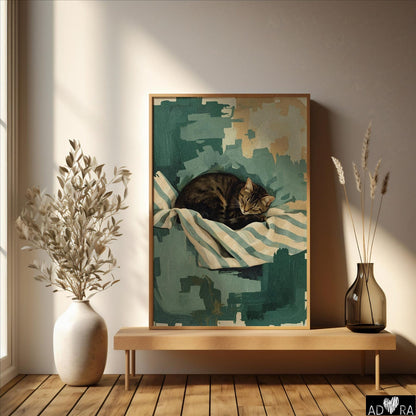 Green Cat Sleeping Wall Art Print