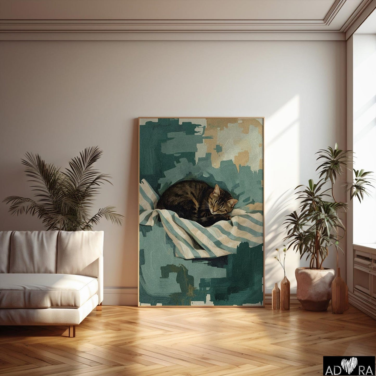 Green Cat Sleeping Wall Art Print