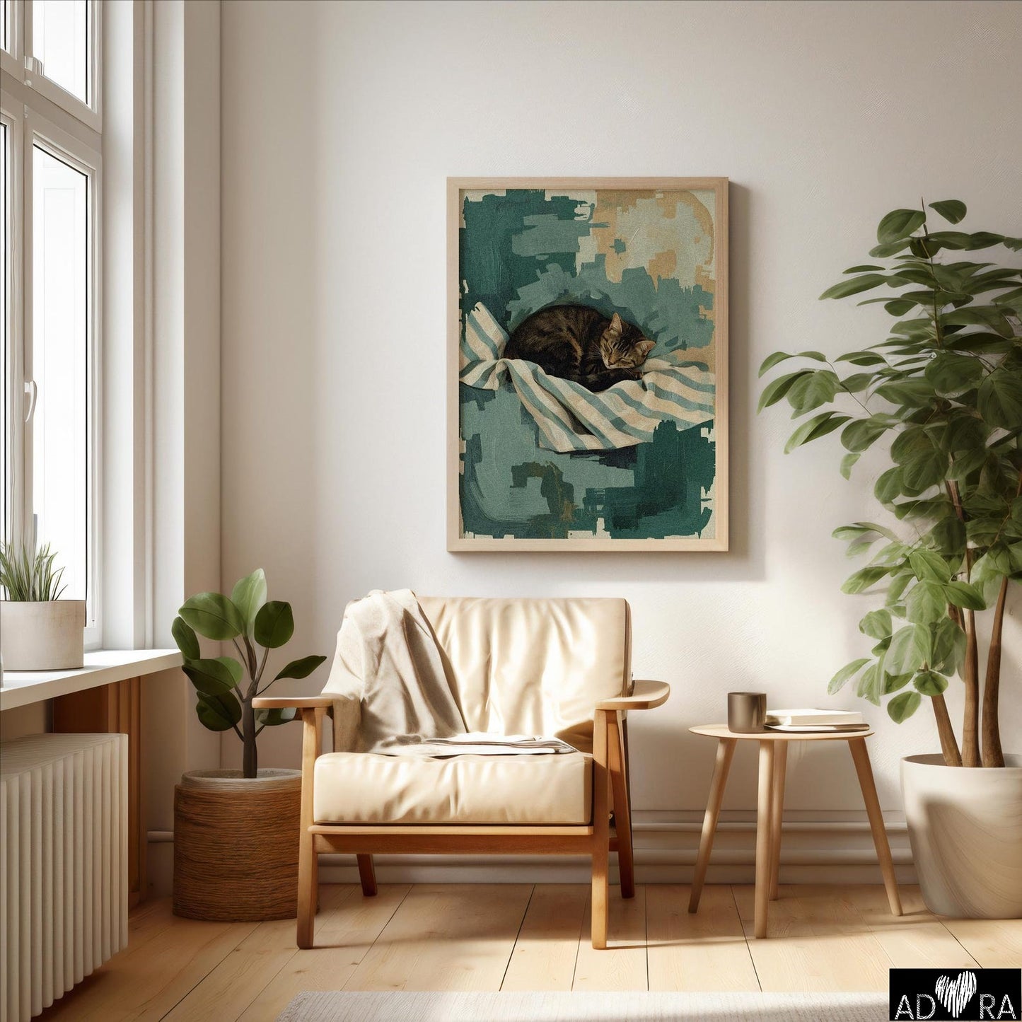 Green Cat Sleeping Wall Art Print