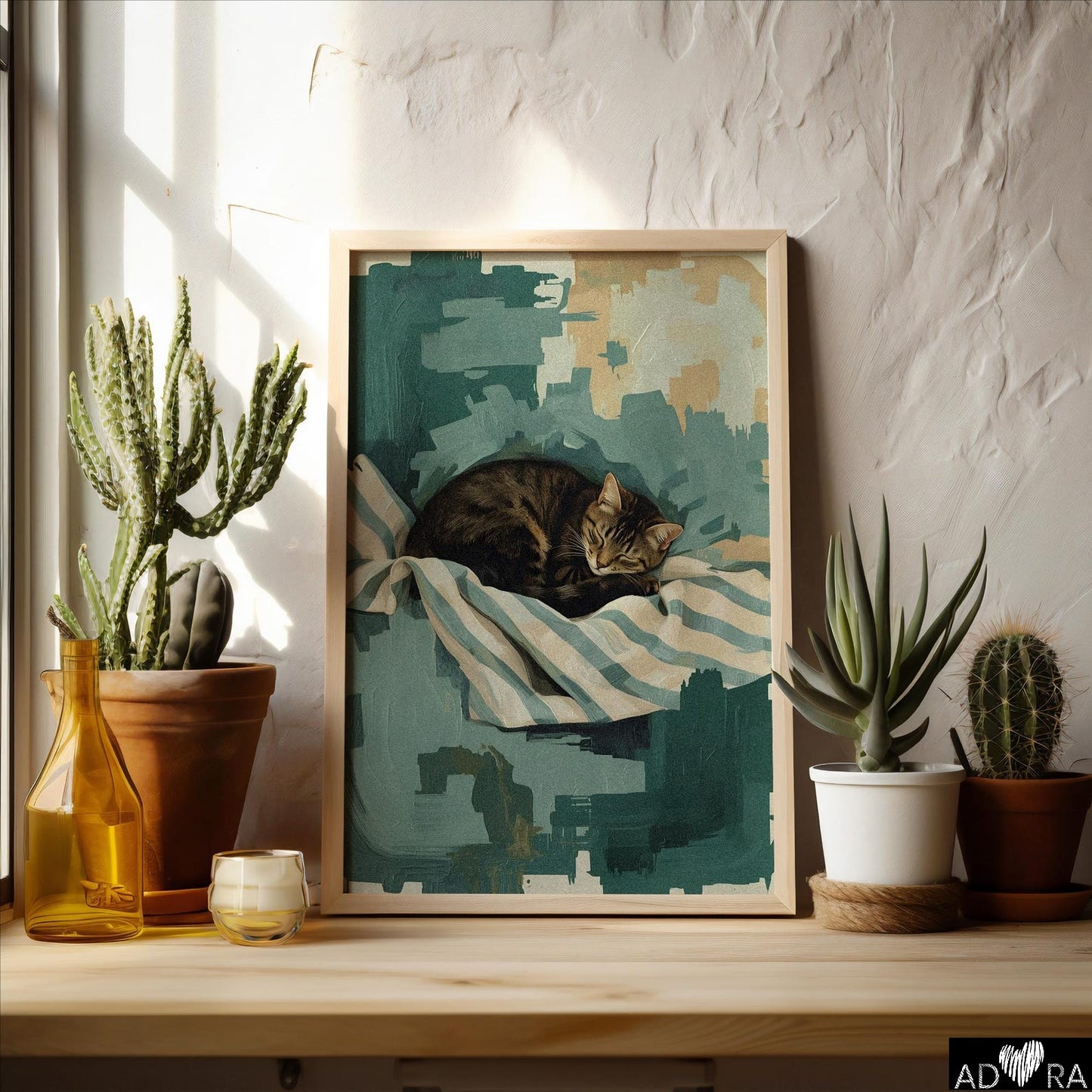 Green Cat Sleeping Wall Art Print