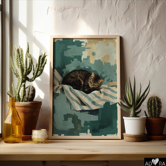 Green Cat Sleeping Wall Art Print