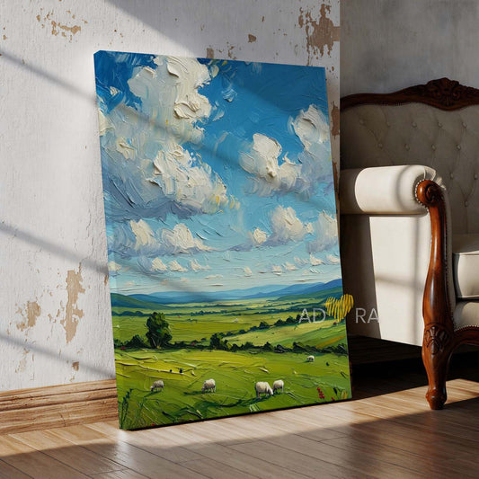 Impasto Clouds and Meadow Landscape Oil Paint Style Wall Art Canvas