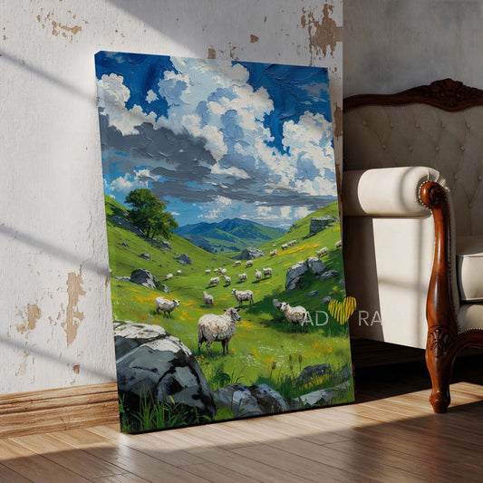Impasto Highland Sheep Oil Paint Style Meadow Wall Art Canvas