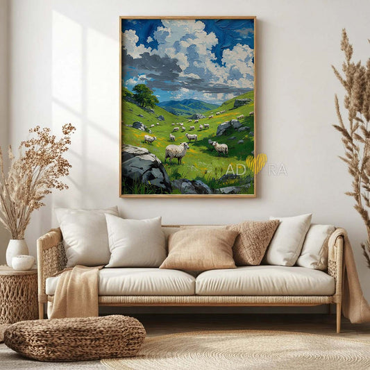 Impasto Highland Sheep Oil Paint Style Meadow Wall Art Canvas