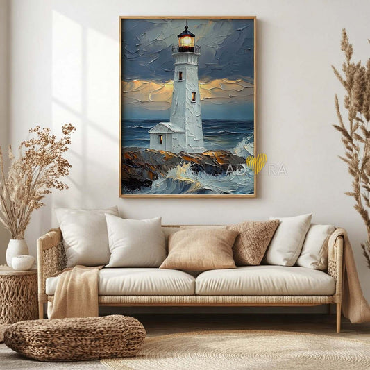 Impasto Lighthouse Seascape Oil Paint Style Wall Art Canvas