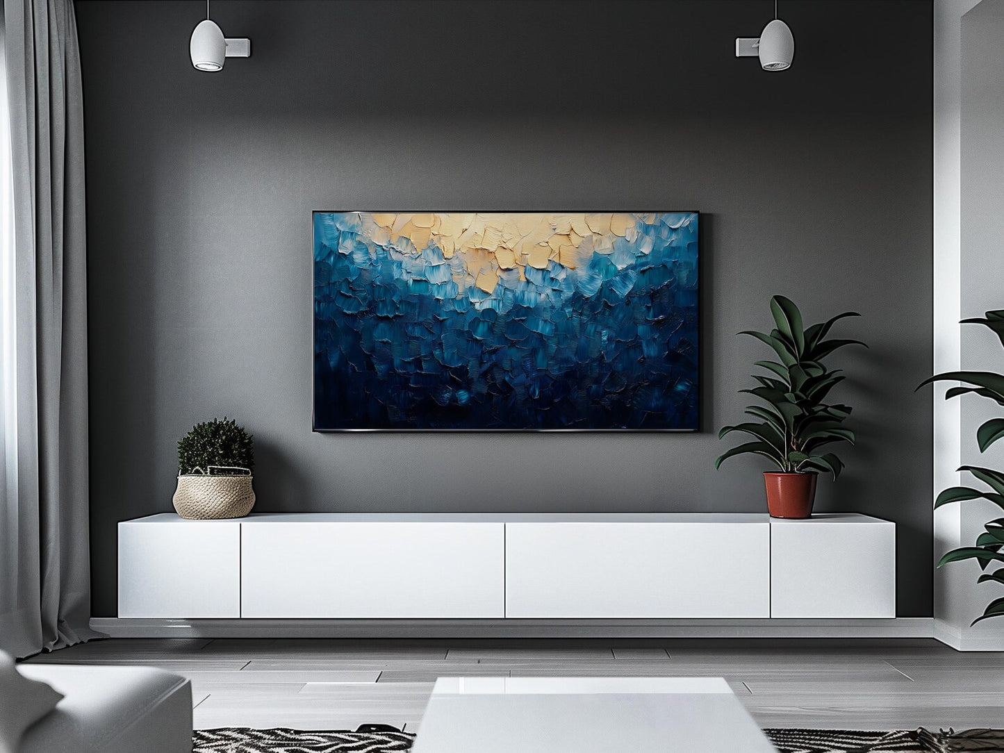 Impasto Modern Blue Decore Textured Abstract Wall Art Canvas
