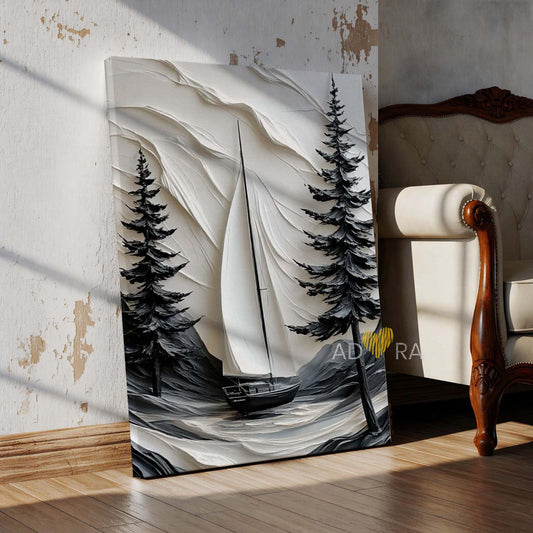 Impasto Monochrome Sailboat and Pines Oil Paint Style Wall Art Canvas