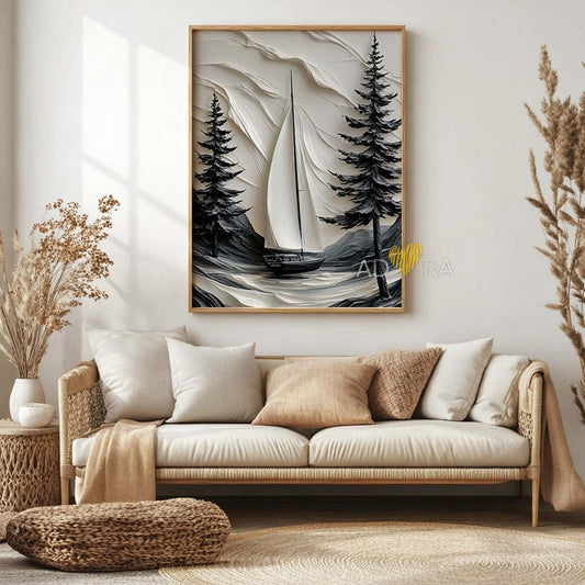 Impasto Monochrome Sailboat and Pines Oil Paint Style Wall Art Canvas