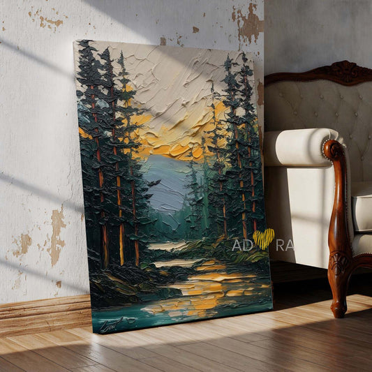 Impasto Pine Valley River Sunset Oil Paint Style Wall Art Canvas