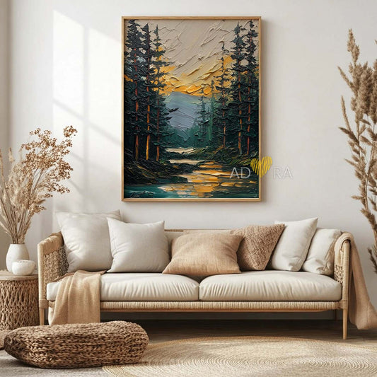 Impasto Pine Valley River Sunset Oil Paint Style Wall Art Canvas
