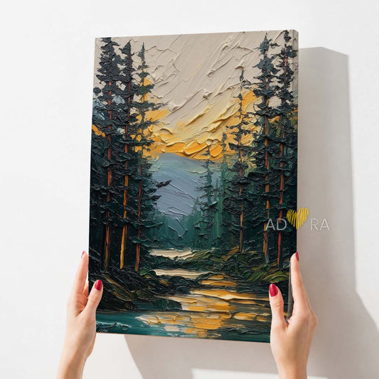 Impasto Pine Valley River Sunset Oil Paint Style Wall Art Canvas