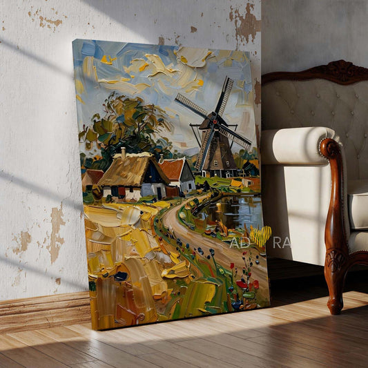 Impasto Windmill Countryside Landscape Oil Paint Style Wall Art Canvas