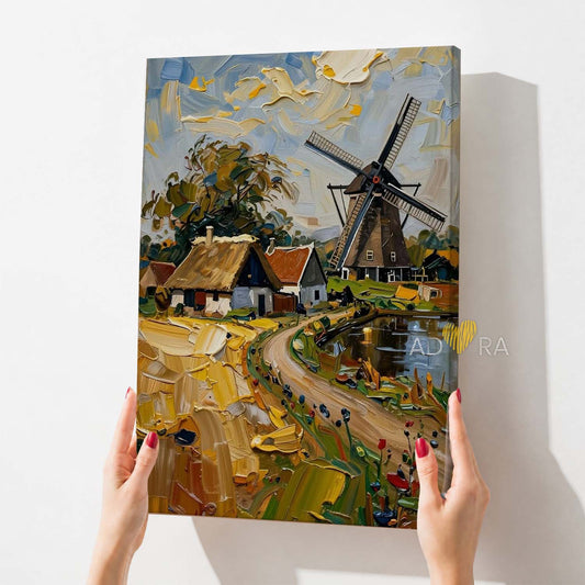 Impasto Windmill Countryside Landscape Oil Paint Style Wall Art Canvas