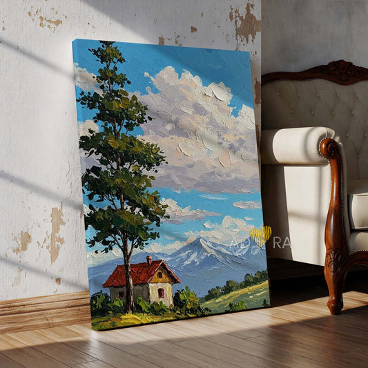 Impressionist Impasto Alpine Cottage Oil Paint Style Mountain Landscape Wall Art Canvas