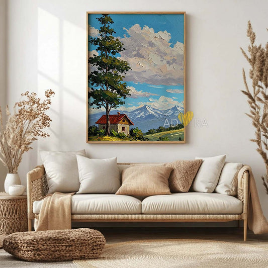 Impressionist Impasto Alpine Cottage Oil Paint Style Mountain Landscape Wall Art Canvas