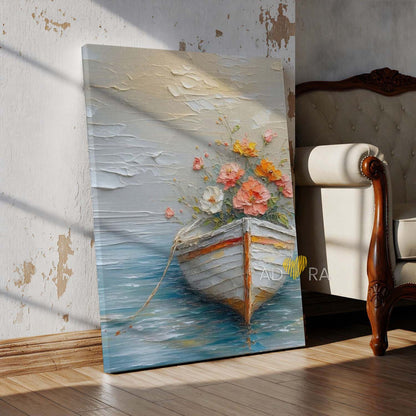 Impressionist Impasto Flowers in a Boat Seascape Oil Paint Style Wall Art Canvas