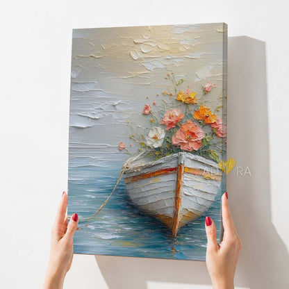 Impressionist Impasto Flowers in a Boat Seascape Oil Paint Style Wall Art Canvas