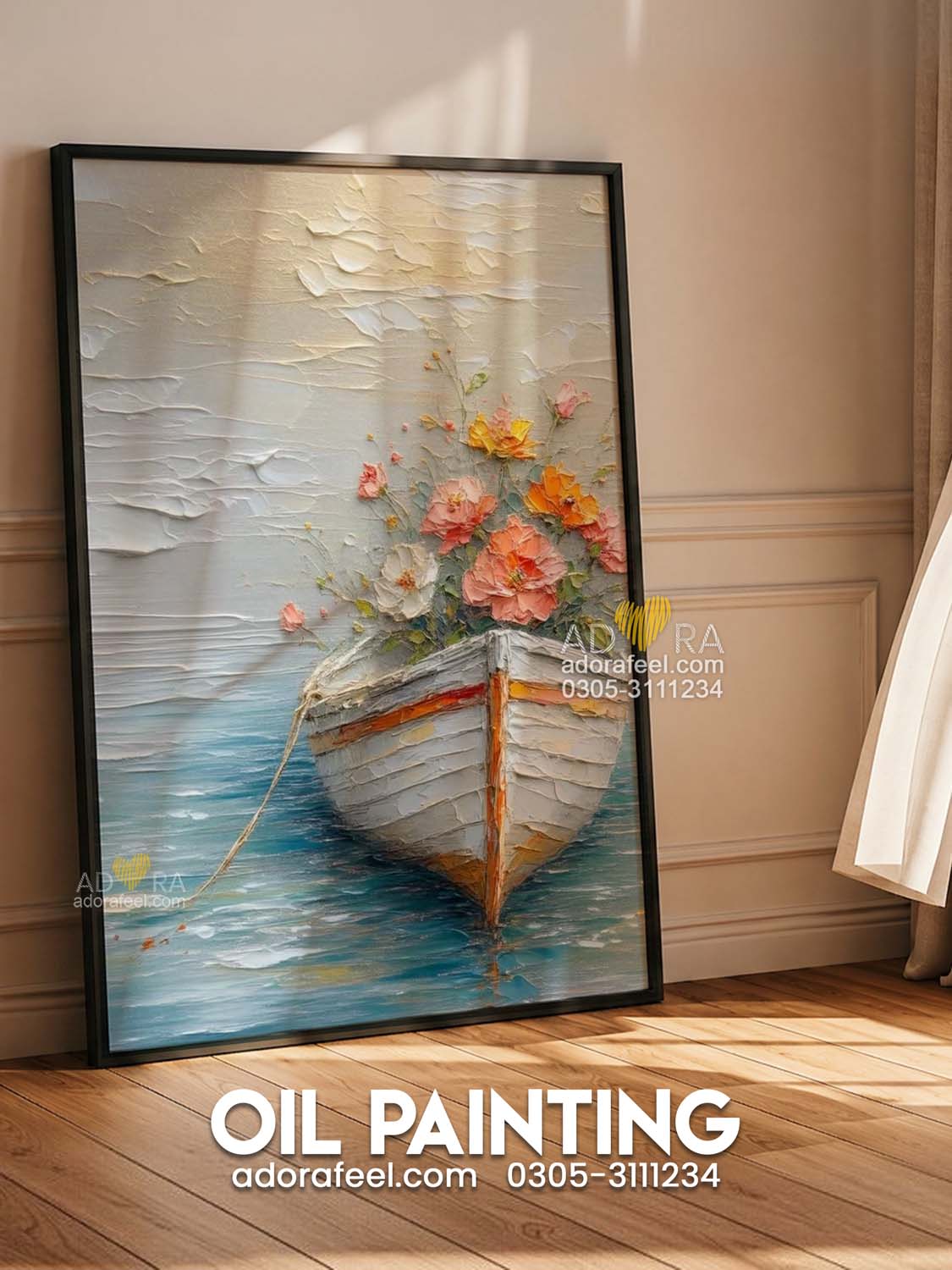 Impressionist Impasto Flowers in a Boat Seascape Oil Paint Style Wall Art Canvas