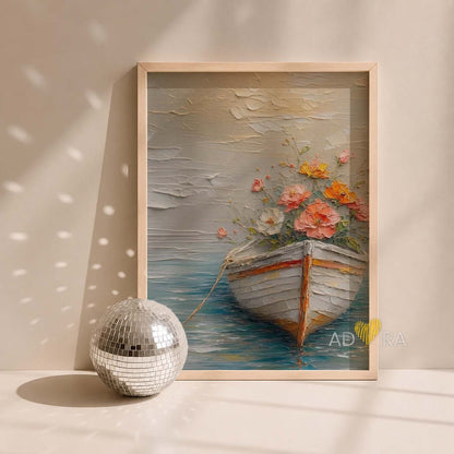 Impressionist Impasto Flowers in a Boat Seascape Oil Paint Style Wall Art Canvas