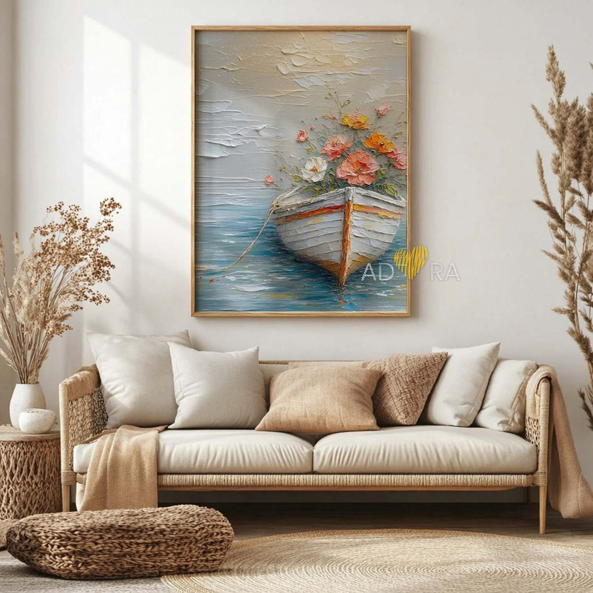 Impressionist Impasto Flowers in a Boat Seascape Oil Paint Style Wall Art Canvas