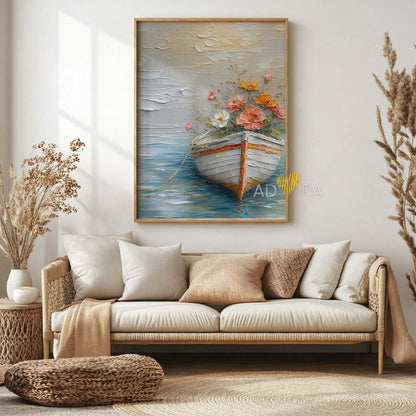 Impressionist Impasto Flowers in a Boat Seascape Oil Paint Style Wall Art Canvas
