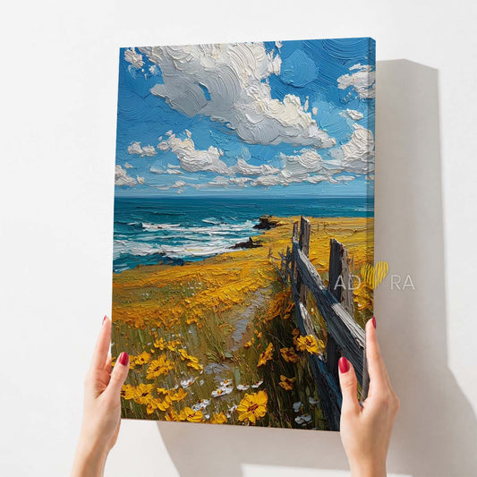Impressionist Impasto Ocean Coastal Meadow Oil Paint Style Wall Art Canvas