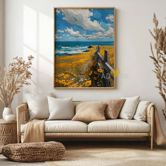 Impressionist Impasto Ocean Coastal Meadow Oil Paint Style Wall Art Canvas