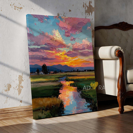 Impressionist Impasto Sunset River Oil Paint Style Country Landscape Wall Art Canvas