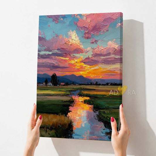 Impressionist Impasto Sunset River Oil Paint Style Country Landscape Wall Art Canvas