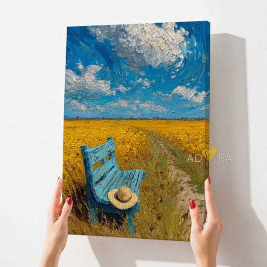 Impressionist Yellow Field and Blue Bench Oil Paint Style Wall Art Canvas