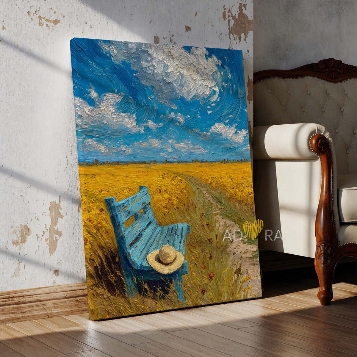 Impressionist Yellow Field and Blue Bench Oil Paint Style Wall Art Canvas