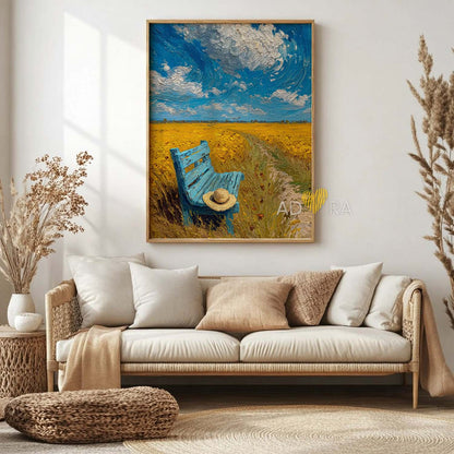 Impressionist Yellow Field and Blue Bench Oil Paint Style Wall Art Canvas
