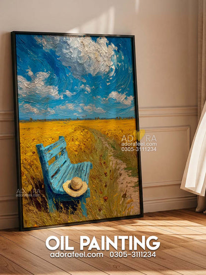 Impressionist Yellow Field and Blue Bench Oil Paint Style Wall Art Canvas