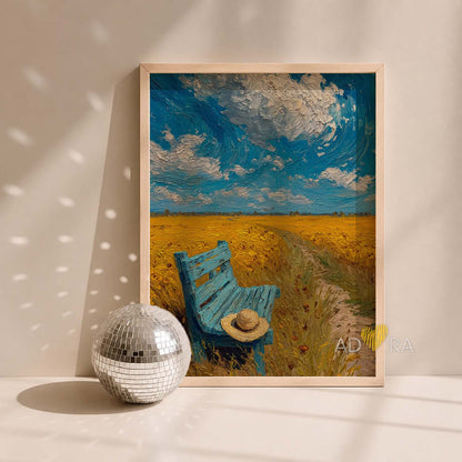 Impressionist Yellow Field and Blue Bench Oil Paint Style Wall Art Canvas