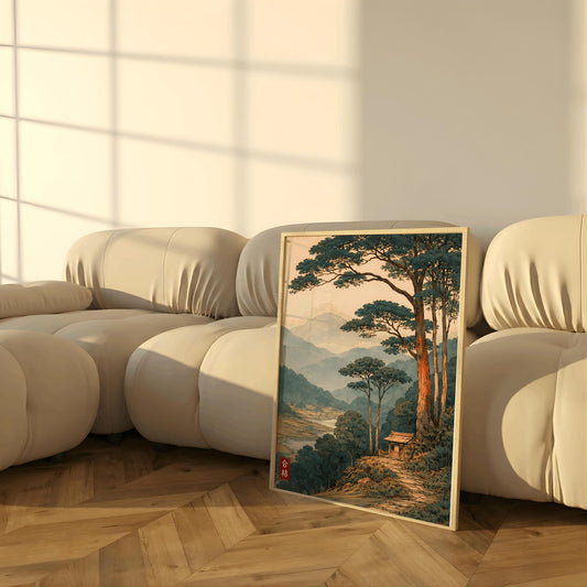 Japanese Tranquil Mountain Minimalist Tree Scene Serene Wall Art Canvas