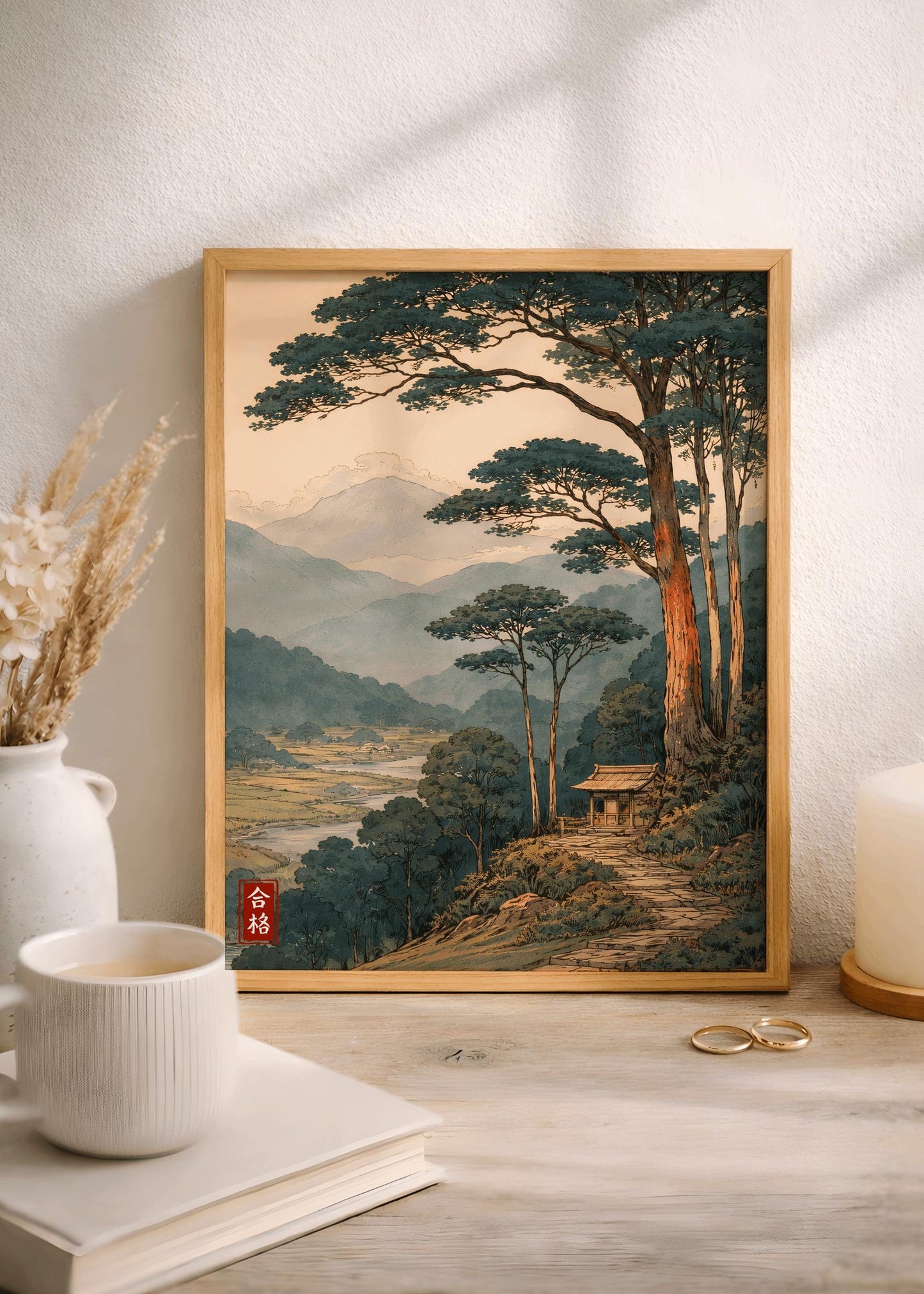 Japanese Tranquil Mountain Minimalist Tree Scene Serene Wall Art Canvas