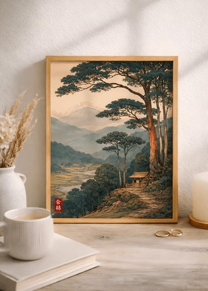 Japanese Tranquil Mountain Minimalist Tree Scene Serene Wall Art Canvas