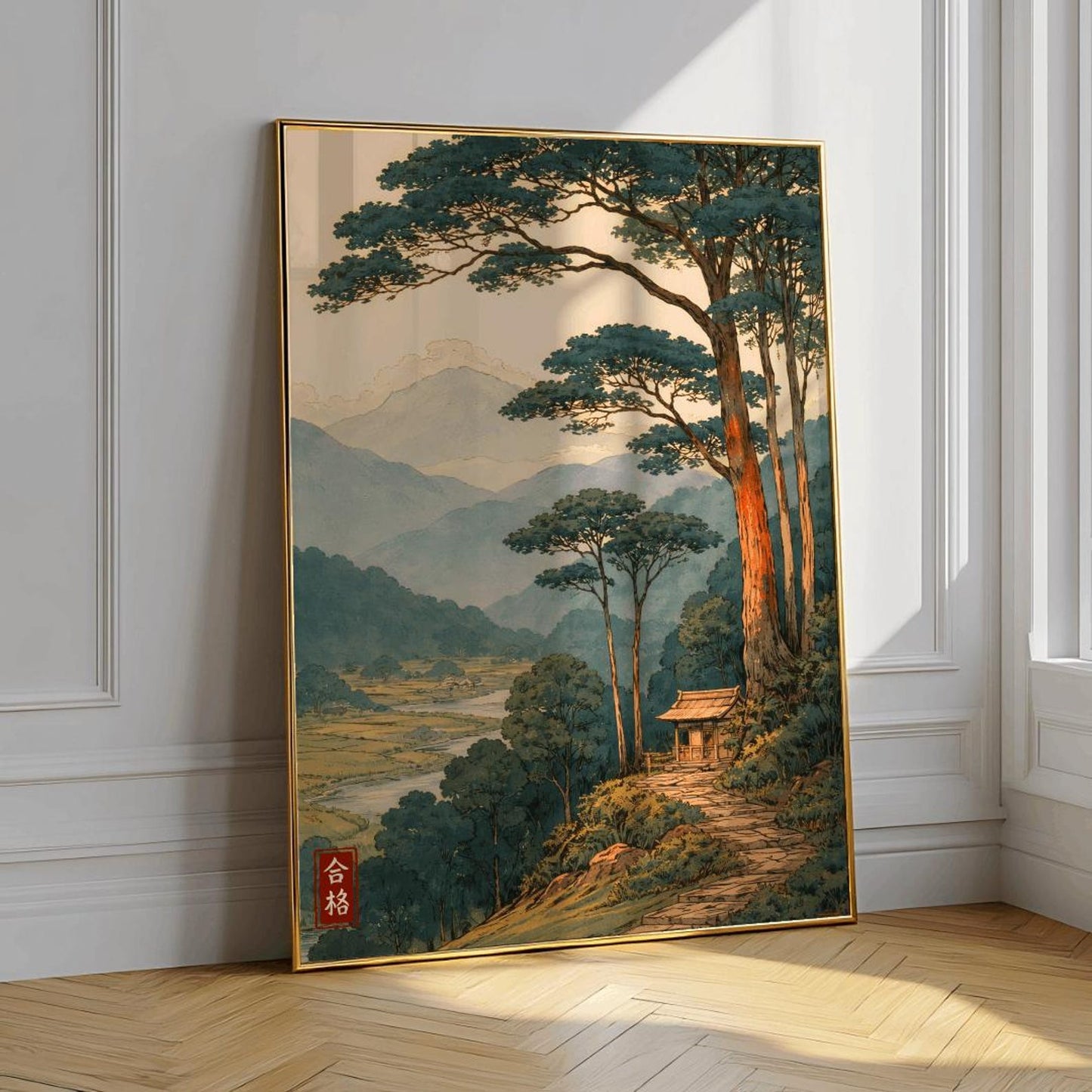 Japanese Tranquil Mountain Minimalist Tree Scene Serene Wall Art Canvas