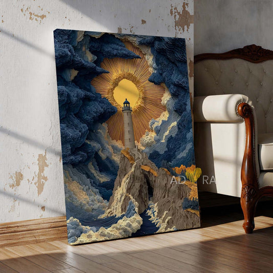 Lighthouse Beacon in Stormy Clouds Surreal Oil Paint Style Wall Art Canvas