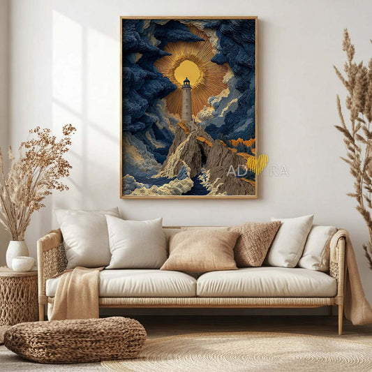 Lighthouse Beacon in Stormy Clouds Surreal Oil Paint Style Wall Art Canvas