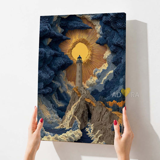 Lighthouse Beacon in Stormy Clouds Surreal Oil Paint Style Wall Art Canvas