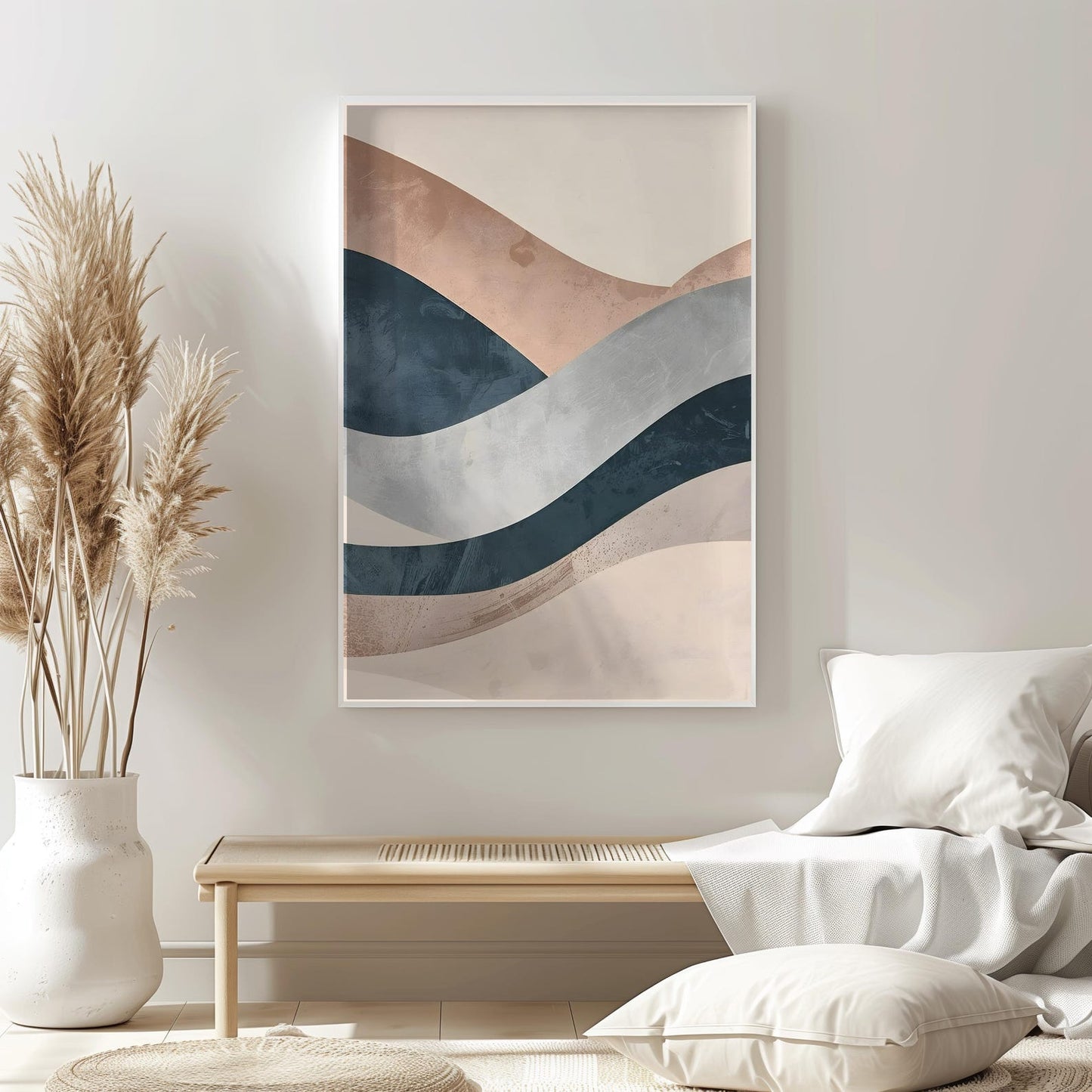 Minimalist Beige Blue Waves Neutral Abstract Wall Art Canvas