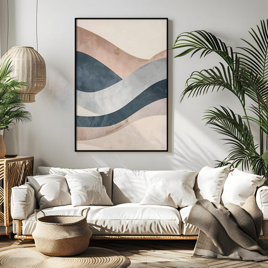 Minimalist Beige Blue Waves Neutral Abstract Wall Art Canvas