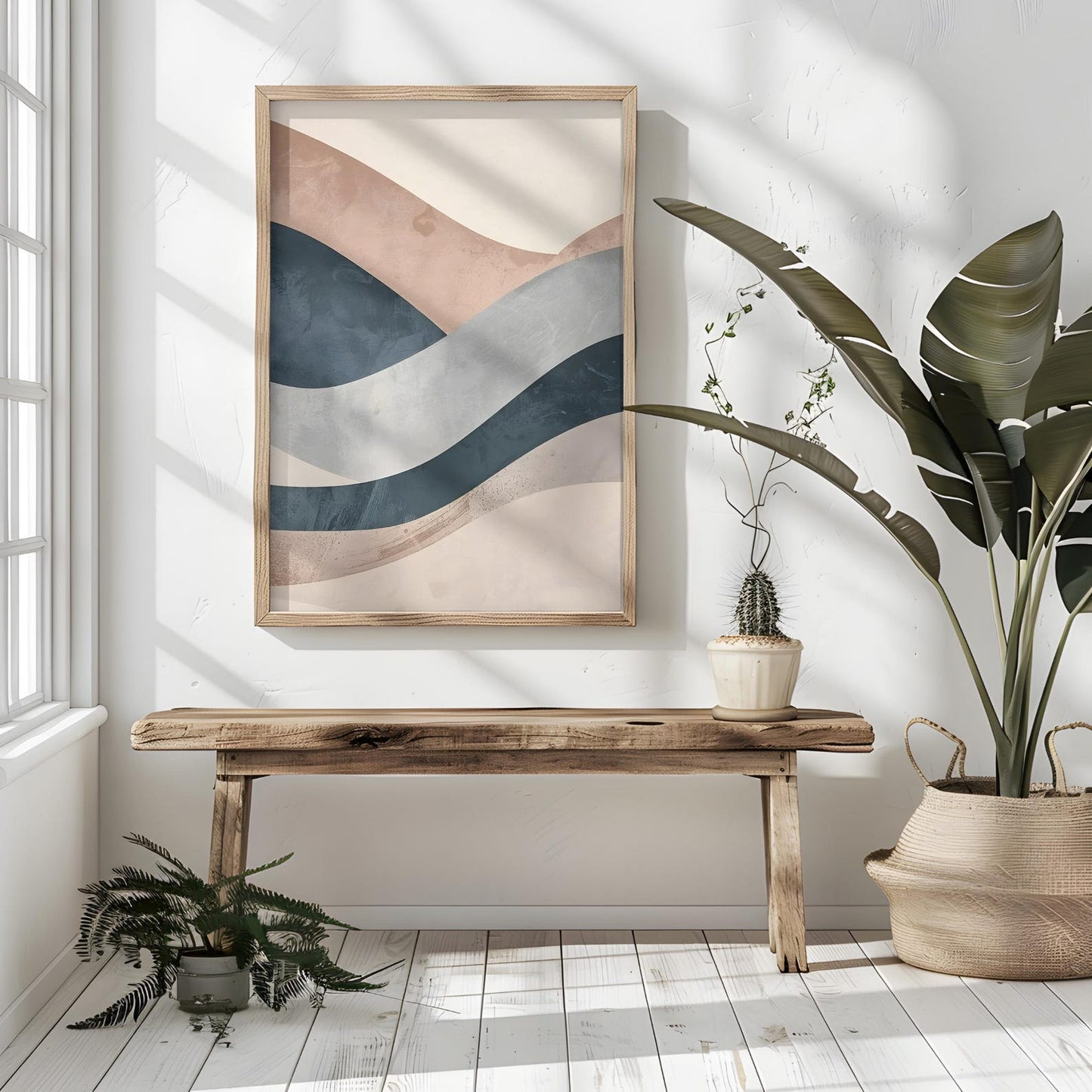 Minimalist Beige Blue Waves Neutral Abstract Wall Art Canvas